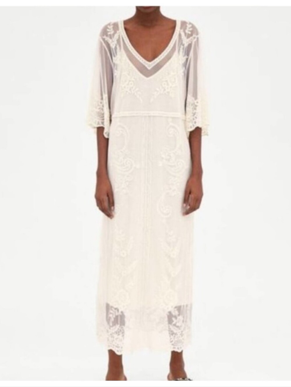 Zara Sheer Ivory Embroidered Maxi Dress